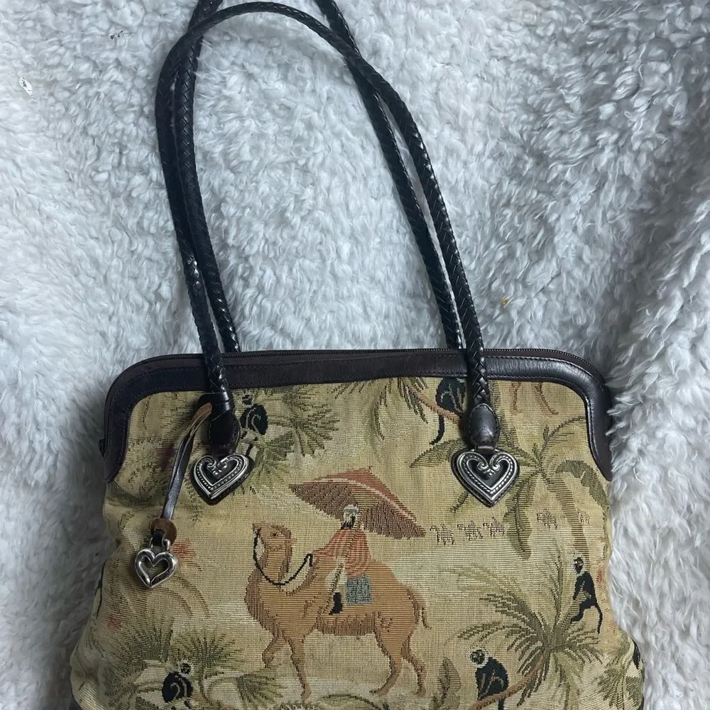 Brighton tapestry Safari prints large shoulder bag braided brown leather straps